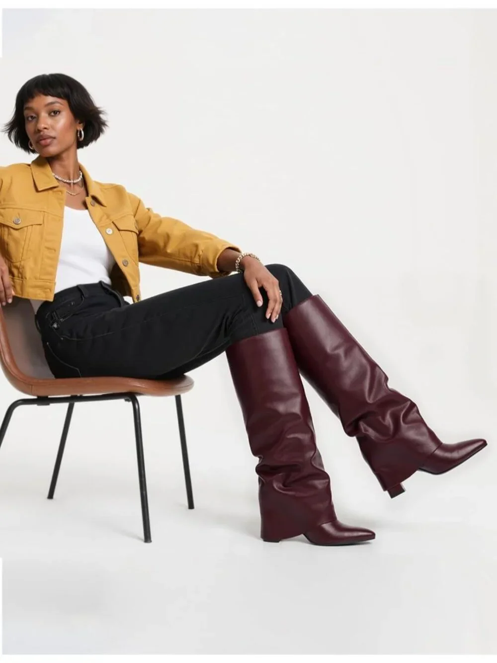 Women's Burgundy Slouchy Pointed Toe Chunky Heel Faux Leather Over The Knee Boot